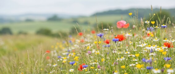 A vibrant field of wildflowers showcasing colorful blooms against a backdrop of rolling hills under a cloudy sky.