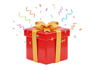 A red gift box with a gold ribbon and confetti around it isolated on transparent background