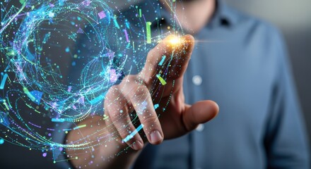 A person interacts with a digital interface, showcasing vibrant blue and green graphics, representing technology and data visualization.