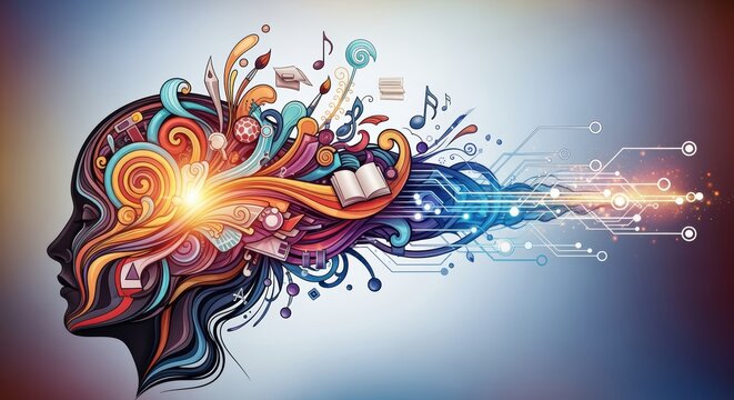A vibrant illustration of a human head with colorful swirls, symbols of knowledge, and technology flowing from it, representing creativity and intellect.