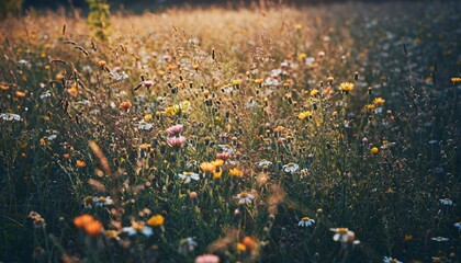 A vibrant wildflower meadow bathed in soft sunlight, showcasing a variety of colorful blooms amidst lush green grass.
