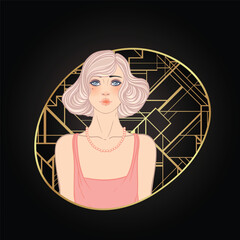 Art Deco vector illustration of a flapper girl in 1920s style, featuring soft dusty rose and gold tones. Elegant and modern design, ideal for fashion prints, posters, branding, or digital use.