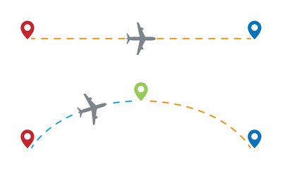 Direct and connecting flight route illustration with airplane icons and location pins, air travel concept for transportation and tourism design. Transparent vector illustration.