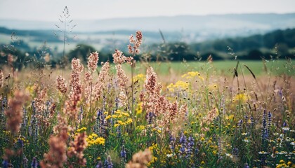 A vibrant field of wildflowers in bloom, showcasing a mix of colors and textures in a serene natural setting.