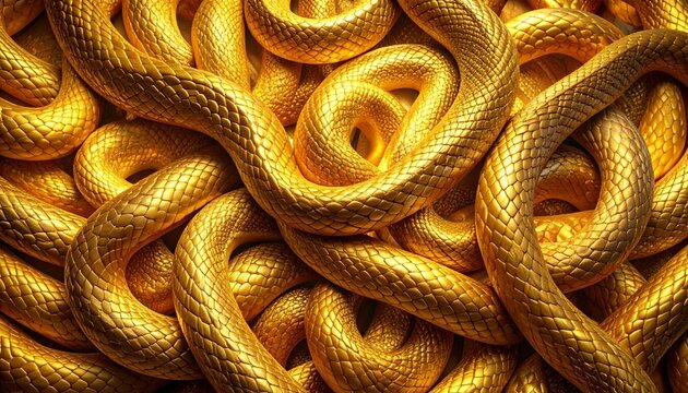 Intertwined mass of golden snakes with textured scales and metallic glow, forming a dense abstract pattern.