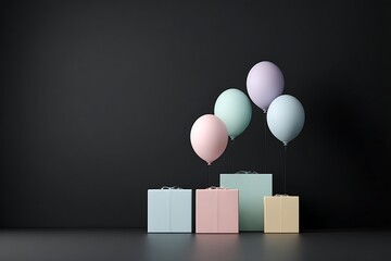 Gift boxes in pastel tones with balloons over sleek black surface
