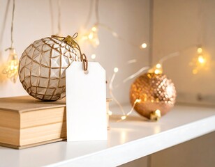 Close-up of holiday decor on a white shelf a large patterned ornament, a golden sphere, a blank tag, and fairy lights