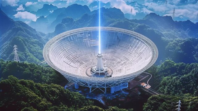 Radio Telescope Emitting Powerful Beam Through Mountainous Terrain