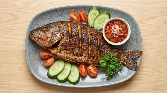 Grilled whole tilapia or nila fish with sambal sauce, Indonesian style grilled tilapia or usually called nila on plate.Roasted fish served with fresh vegetables