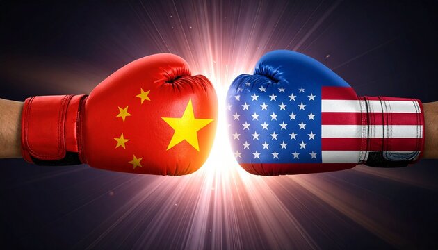 Red China-flag boxing glove colliding with blue US-flag glove in burst of light, symbolizing global rivalry.