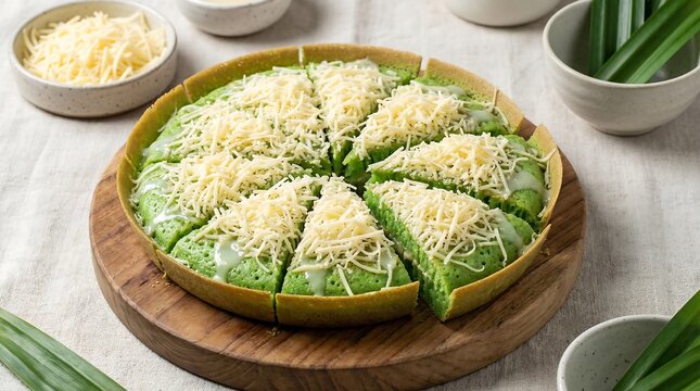Full-layer pandan martabak served open-faced and sliced into multiple portions.