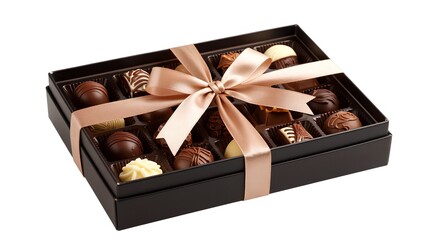 A beautifully wrapped box of assorted chocolates, featuring various shapes and designs, perfect for gifts or special occasions.