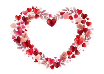 Heart shaped wreath of red and pink hearts and leaves on black background