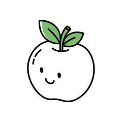 Cute Cartoon Apple with Happy Face and Green Leaves.