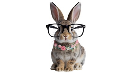 Rabbit figurine wearing glasses and floral collar sitting isolated on transparent white background