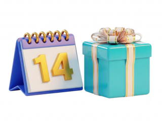 A blue and gold desk calendar showing the number 14 next to a teal gift box with a bow on top isolated on transparent background