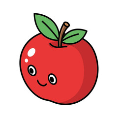 Cute Cartoon Red Apple with Happy Face and Green Leaves.