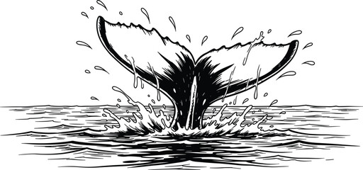 Hand drawn vintage engraving of a whale tail splashing in the ocean water, antique nautical sketch isolated on white background for design. © Sajib