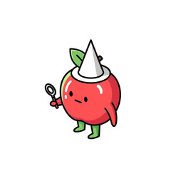 Obraz premium Cute Red Apple Character Wearing Party Hat Holding Magnifying Glass.