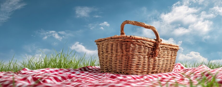 The picnic basket on a gingham blanket in a sunny meadow under blue skies