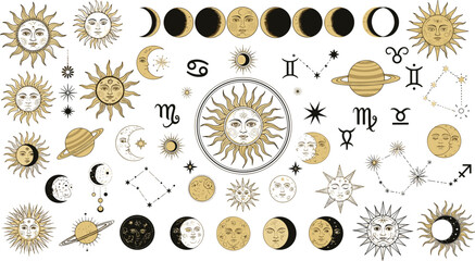 Vintage celestial icons featuring sun and moon faces, zodiac signs, constellations, and mystical planetary symbols in gold and black © MstAlea