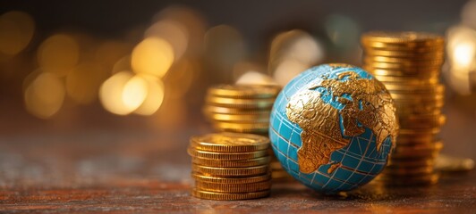 The globe beside stacks of golden coins representing global finance and economic growth
