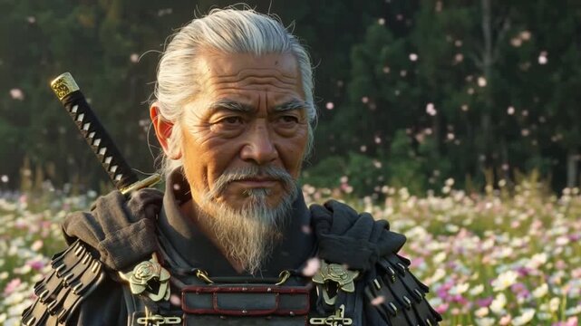 Cinematic 4K video old samurai standing alone vast flower field, aged face deep wrinkles calm eyes, traditional worn samurai armor gold details, katana resting his side, endless white pink flowers