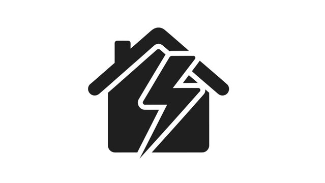 Solid Black House Icon Damaged by a Lightning Bolt Symbol, representing home damage, power surge, or natural disaster, isolated white background.