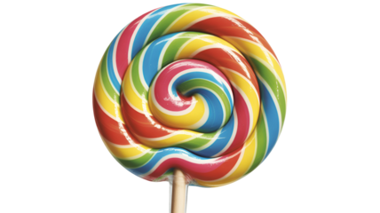 Colorful swirly lollipop stick rainbow candy isolated on transparent white background