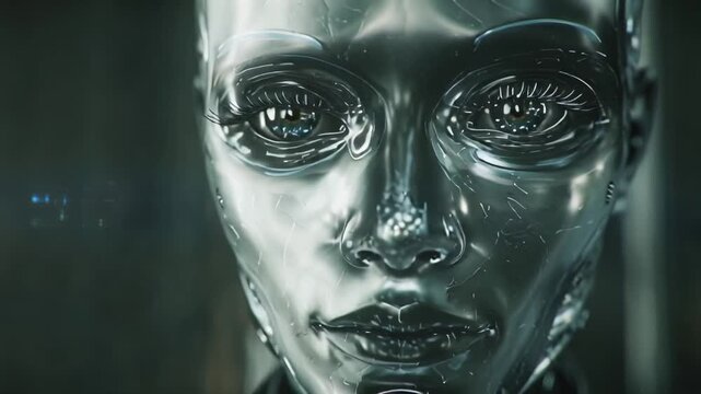 cinematic close-up portrait of a silver metallic alien humanoid, biomechanical face liquid chrome skin micro-movements reflective metal surface, nano details, alien facial structure emotionally expres