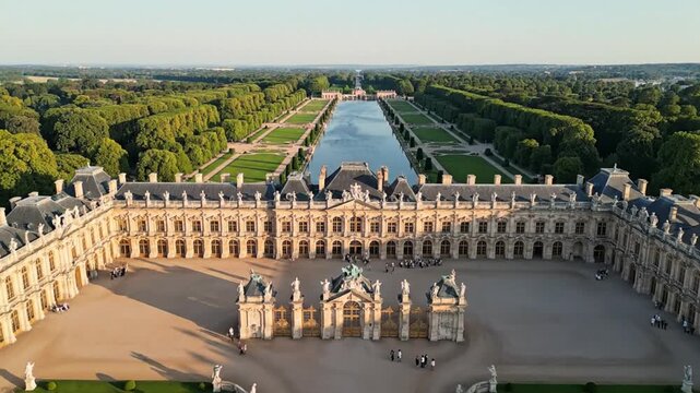 Chateau exteriors and formal gardens viewed from above at the palace of versailles