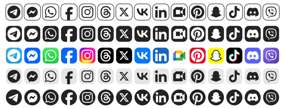 social media icon set or social network logos , facebook, instagram, threads, x, youtube, whatsapp, telegram, snapchat, tiktok, snapchat, pinterest, google meet, viber, vk, flat vector icon
