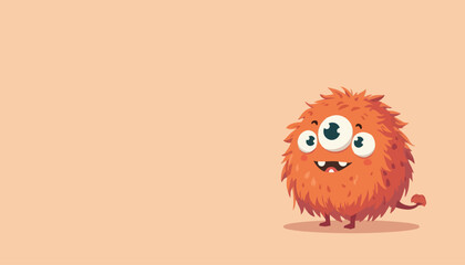 Cute fluffy orange monster with three big eyes smiling happily, playful cartoon character in flat vector style, isolated on soft pastel background for kids design fun. © AbdulRehman