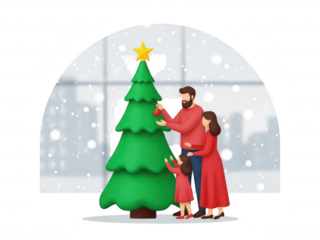 Couple decorating a christmas tree together in a snowy scene with a cityscape isolated on transparent background
