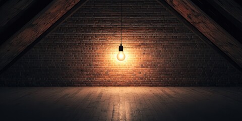 A dimly lit attic featuring exposed wooden beams, a brick wall, and a glowing light bulb creating a warm atmosphere.
