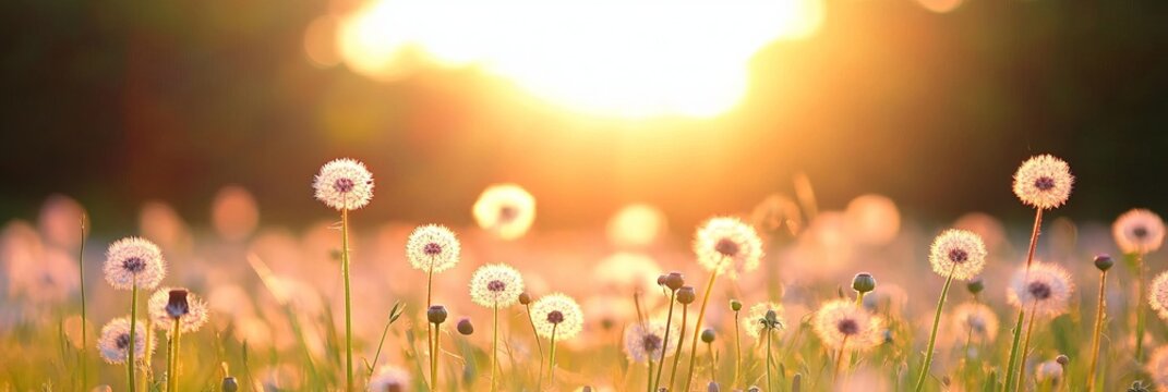 Gentle dandelions basking in golden sunlight convey the peace and beauty of summer mornings.