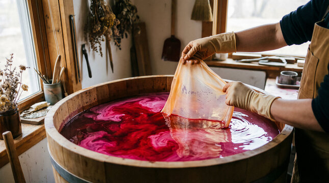 Dyeing: Hands dipping kombucha leather sheet into natural red beet dye, sustainable textile coloring process..