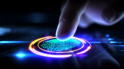 Finger on biometric fingerprint scanner representing secure authentication and digital identity verification technology.
