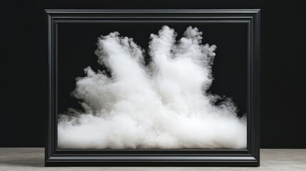 A framed image featuring a dramatic cloud of white smoke or fog against a dark background, creating an artistic and ethereal effect.