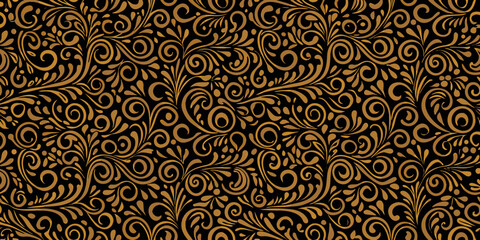 Intricate golden floral pattern on a dark black background seamless design
