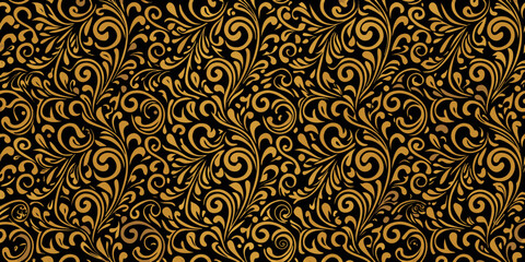 Intricate golden floral pattern against a dark solid black background © Ranajit