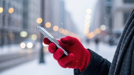Hands using a cell phone while wearing winter gloves