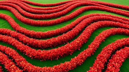 Vibrant Red Leaves Forming Wavy Pattern on Lush Green Grass Background