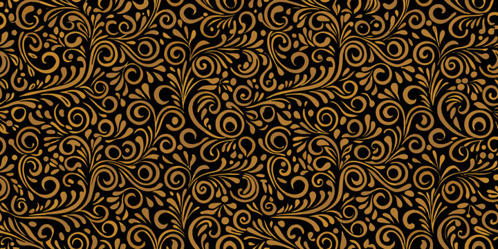 Intricate golden floral pattern on a dark black background seamless design