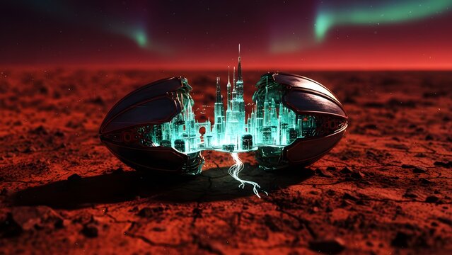 Metallic seed pod cracking open on red mars soil revealing glowing city, space colonization habitat, futuristic terraforming technology, alien planet life concept.