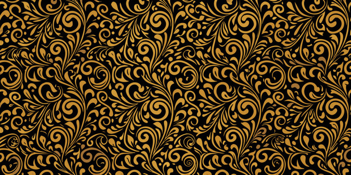 Intricate golden floral pattern against a dark solid black background