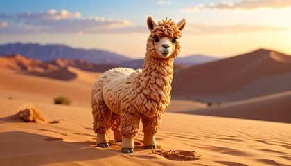 A fluffy, tan animal stands in a desert, gazing forward with sunlight in the background over sand dunes and distant mountains