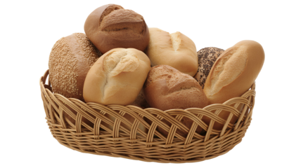 Assortment of freshly baked artisan bread rolls and baguettes in a rustic woven basket showcasing diverse textures and golden brown crusts perfect isolated on transparent white background