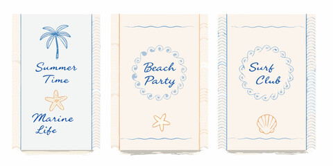 Summer themed illustrated banners with palm trees waves and marine life © Ranajit