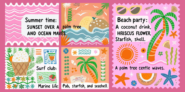 Colorful summer themed postcard set with tropical elements and beach scenes